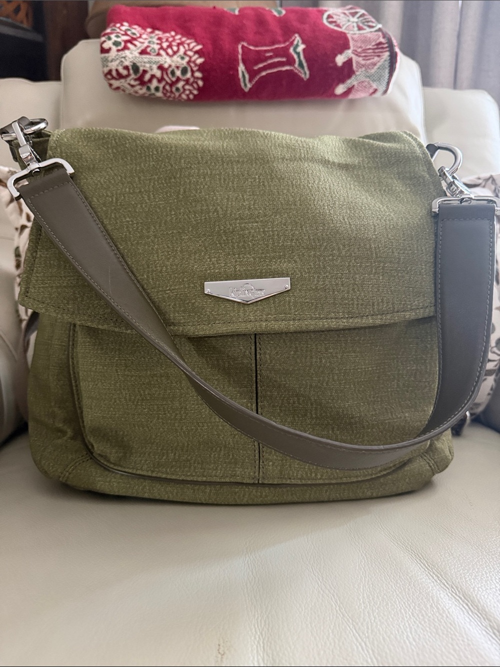 Kipling Olive Green Canvas Shoulder Bag with Gray Strap